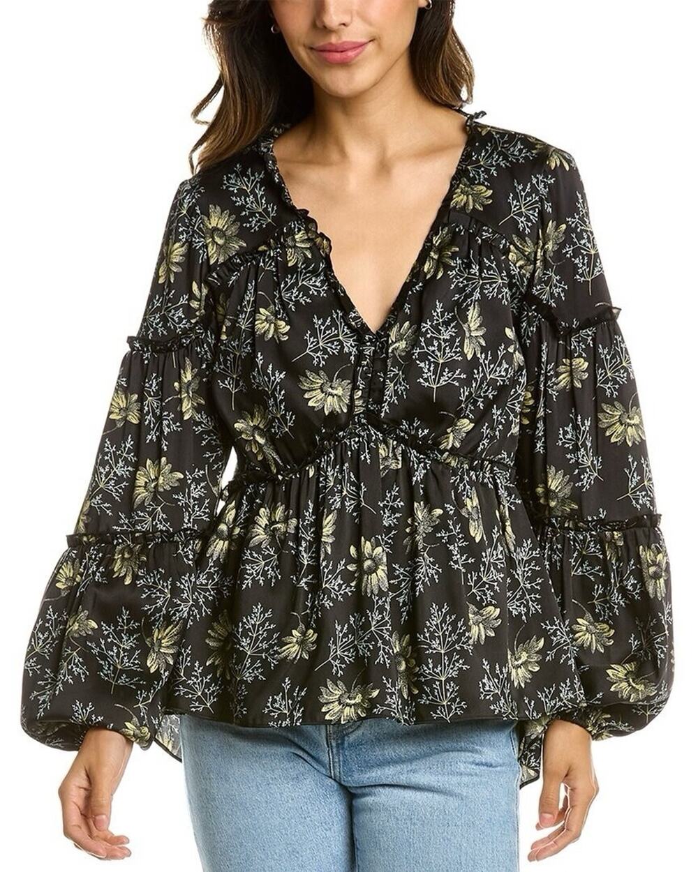 Cinq A Sept Simmons Top Blouse Botanical Print Black Satin Balloon Sleeve Size L